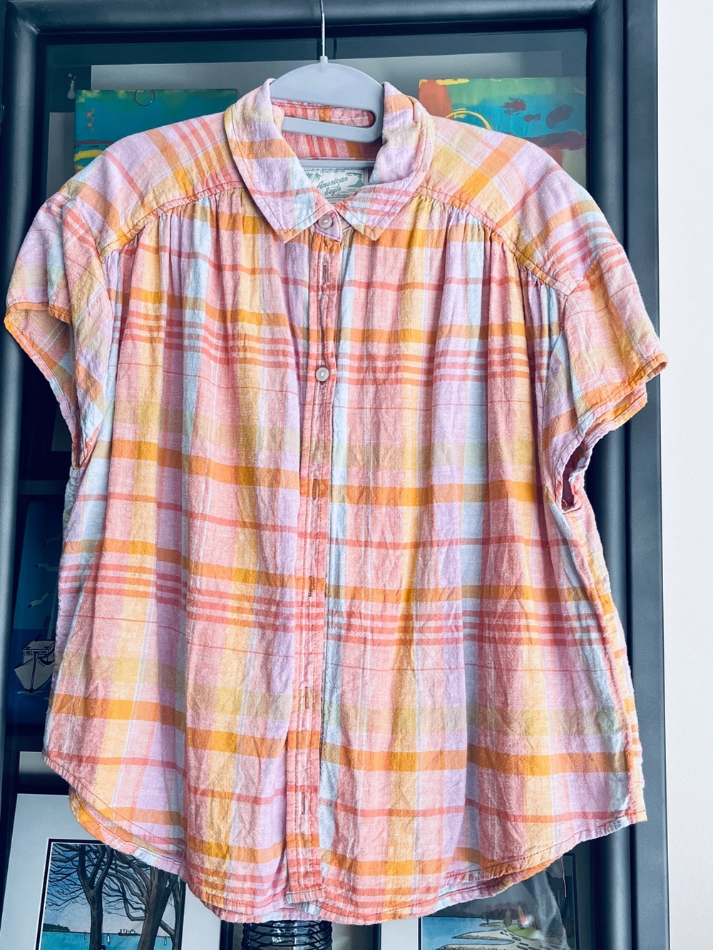 American Eagle Outfitters Pastel Pink Orange Plaid Shirt. Linen and Viscose.